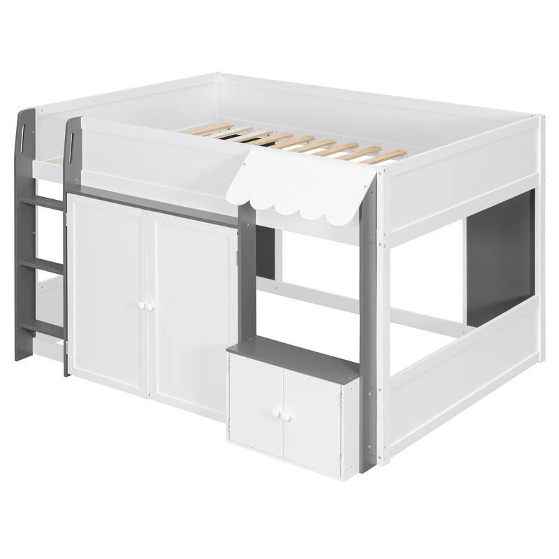 Full Size Loft House Bed with Playhouse Design & Storage, Modern Wooden Cabin Bed with Guardrails and Ladder for Kids, Teens