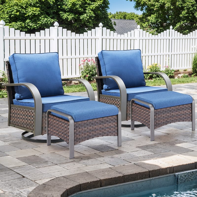 Outdoor Swivel Chair with Ottomans - Blue Cushion - Brown