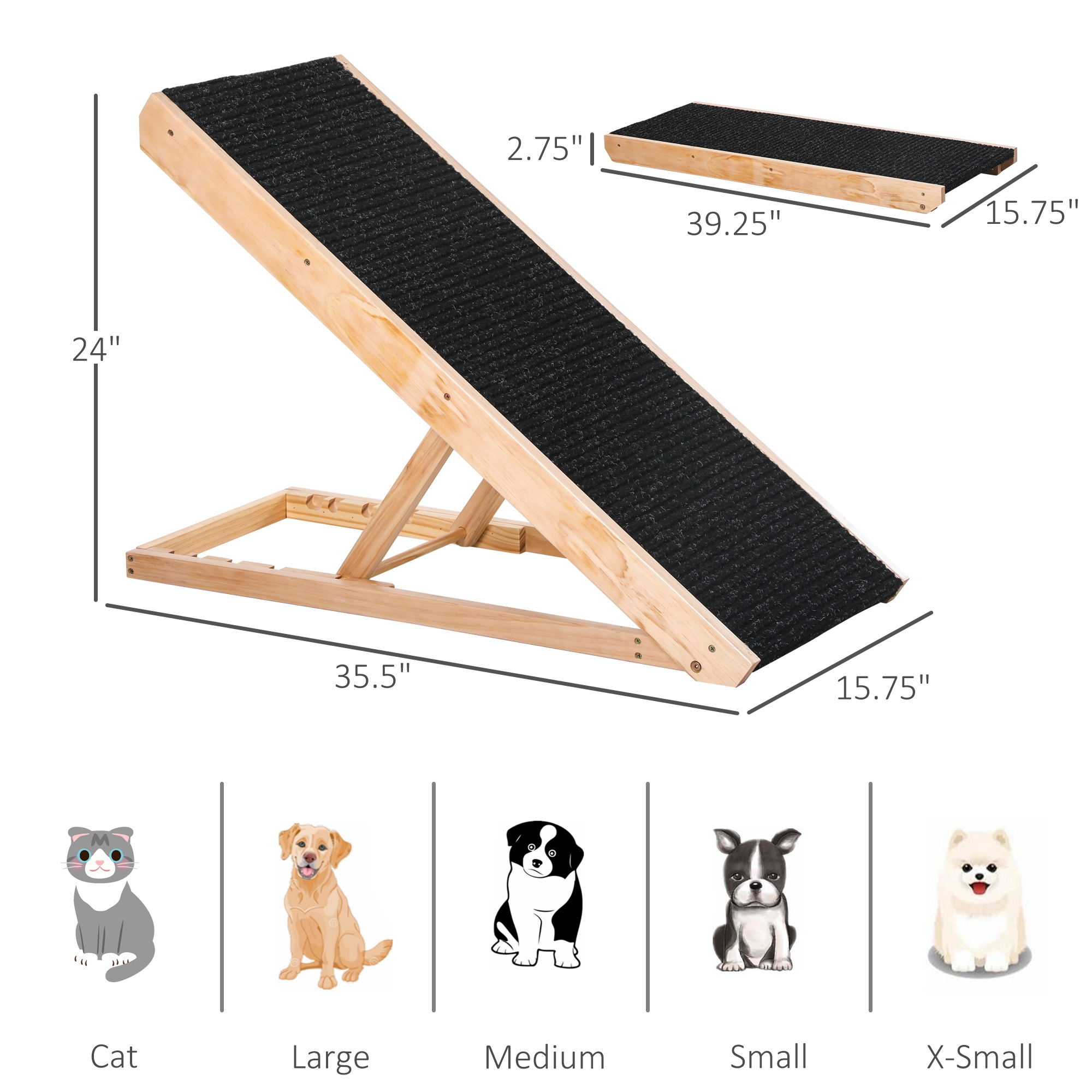 PawHut Pet Ramp Bed Steps for Dogs Cats Foldable Height Adjustable with Non slip Carpet Pine Wood 35.5 L x 16 W x 24 H Black 35.5 x 15.75 x 24