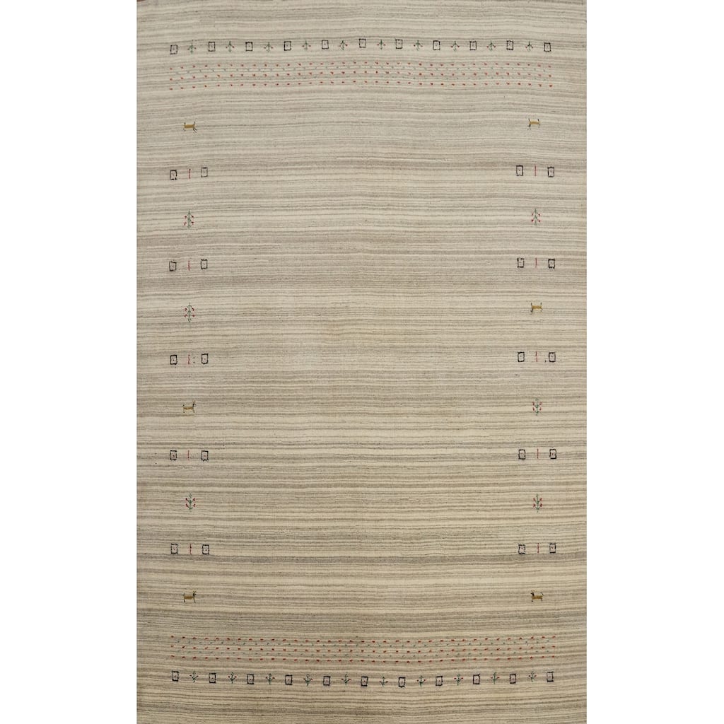 Hand Knotted Oriental 100% Wool Carpet Tribal Animal Pictorial Beige & Ivories Gabbeh Area Rug - 9' 0'' X 5' 11''