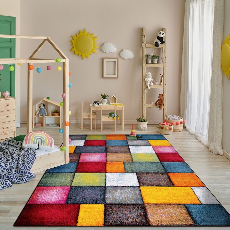 Colorful Living Room Rug with geometric Squares, Multi-Colored