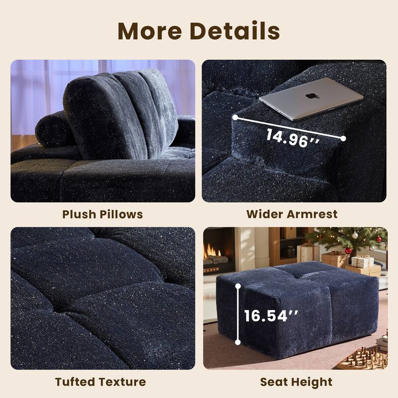 HOOOWOOO Modern Sparkly Velvet Fabric Chaise Sofa Couch with Ottoman