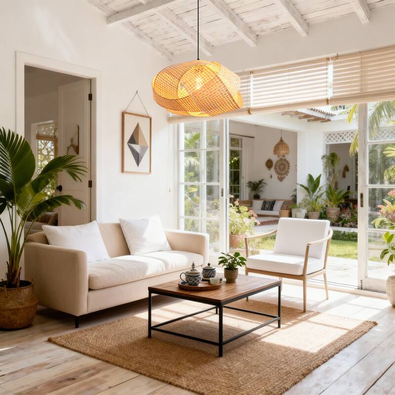 1-Light Personalized Design Rustic Bamboo Hand-Woven Pendant Lamp - 20" W x 59" H