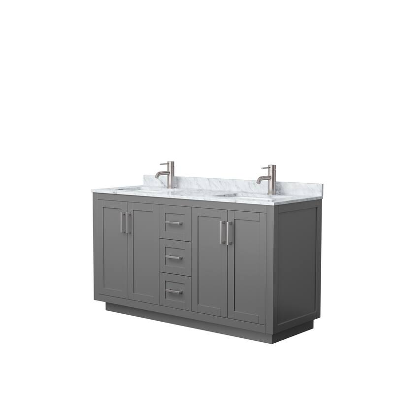 Miranda Double Vanity Set, White Carrara Marble Top, No Mirror - 60-Inch Double - Dark Gray, Nickel Trim, White Carrara Marble Top