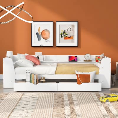 Twin Size Daybed with Shelves, Drawers and Built-In Charging Station
