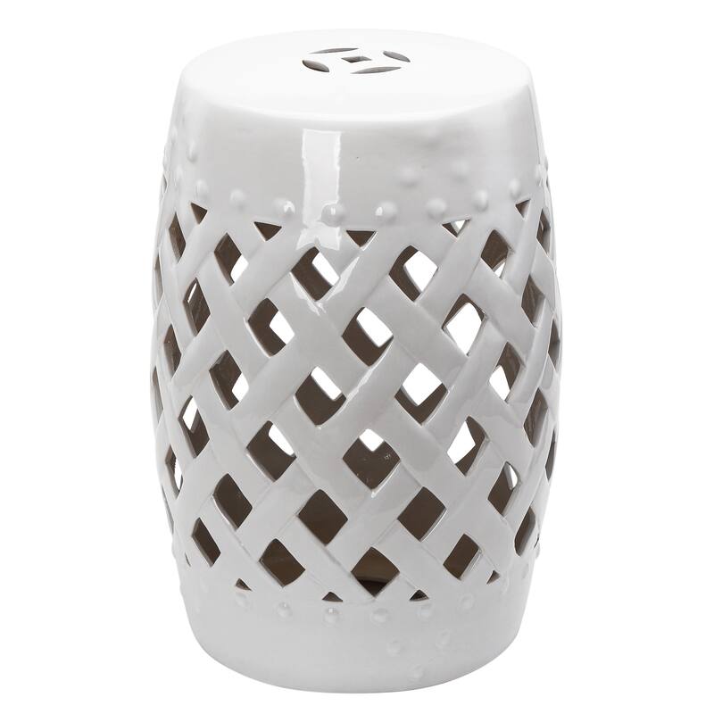 Patio Decorative End Table, Ceramic Garden Table with Woven Lattice Design & Glazed Strong Materials, Green - White