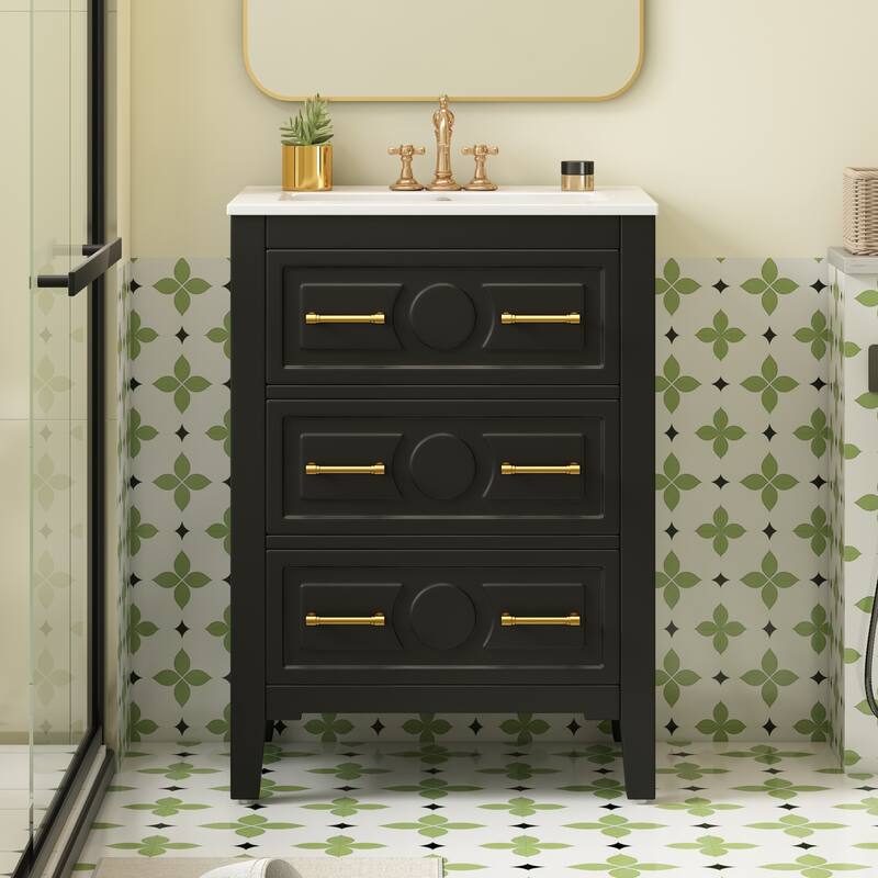 24 Inch Solid Wood Bathroom Vanity with Ceramic Sink, 3-Drawer Free Standing Storage Cabinet for Bathroom