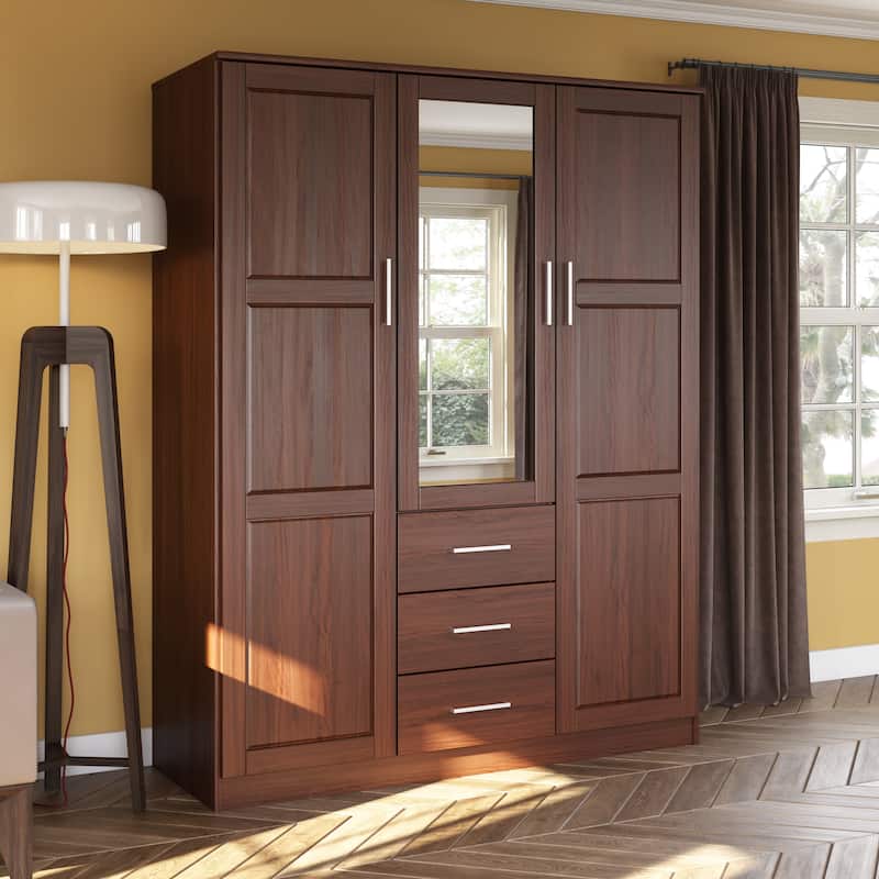 Palace Imports 100% Solid Wood Cosmo 3-Door Wardrobe Armoire with Solid Wood or Mirrored Doors - Mocha