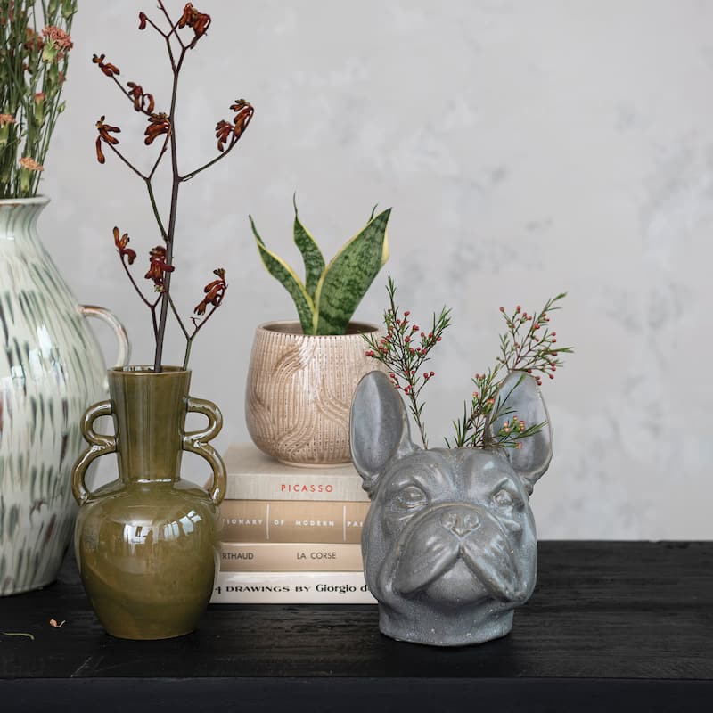 Stoneware French Bulldog Head Vase with Reactive Glaze