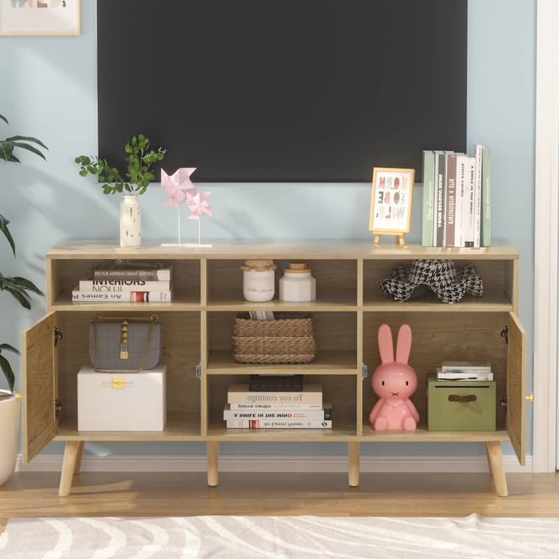 Anmytek Modern Rattan Wood TV Stand Console Table Entertainment Centers for TVs up to 65" - 59"