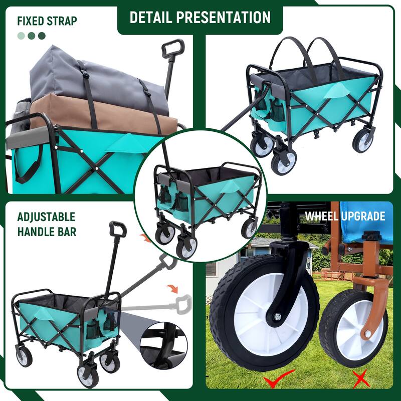 Minimeetall Strap Collapsible Foldable Wagon Cart with strapping system, Utility Wagon Grocery Cart, Supports 225lbs