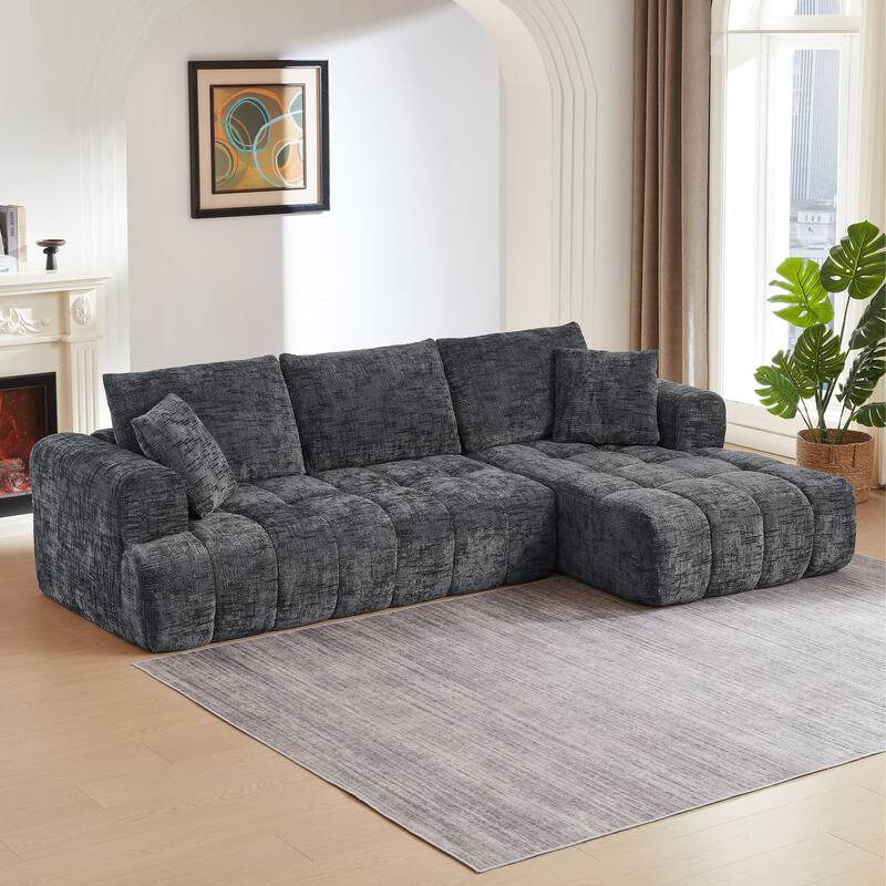 L-Shape Sectional Sofa with Chaise Lounge, Oversized Chenille Upholstered 4 Seater Sofa, Compressed Sofa with Throw Pillows