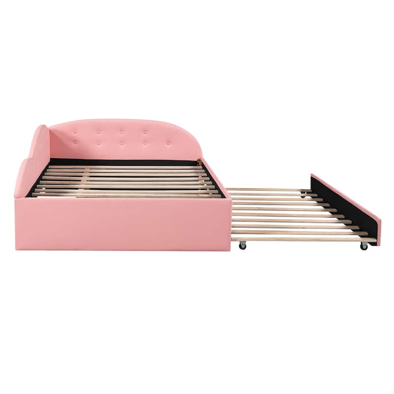 Full Size PU Tufted Daybed with Trundle & Cloud Shaped Guardrail, Pink ...