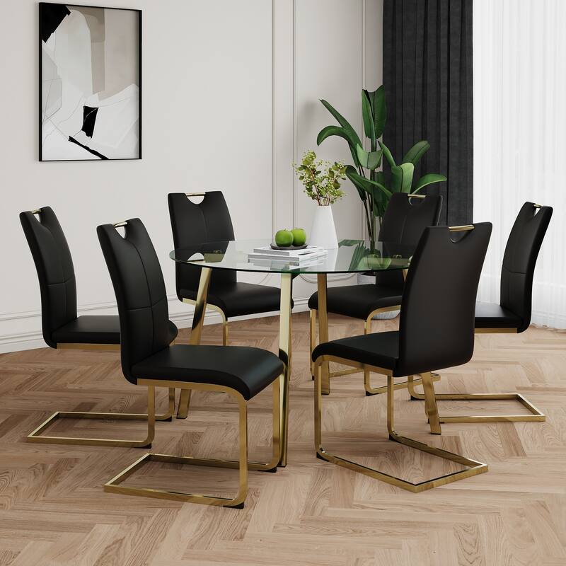 7-Piece Compact Round Dining Table Set, 47.2" Glass Table with 6 Faux Leather Chairs, Modern Dining Table and Chair Set for 6 - Black