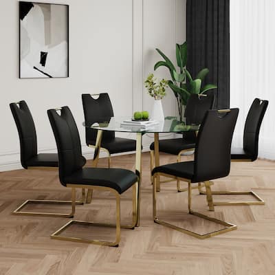 7-Piece Compact Round Dining Table Set, 47.2" Glass Table with 6 Faux Leather Chairs, Modern Dining Table and Chair Set for 6