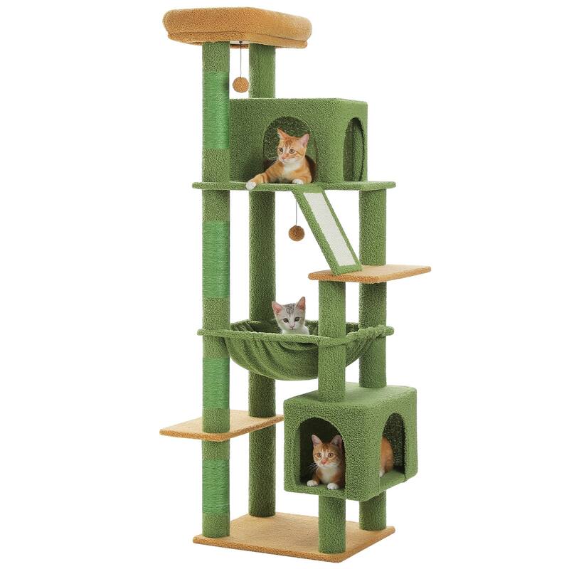 Indoor Large Cat Tree Multi-Level Cat House with 2 Big Condo Pad Bed, Hammock & Scratching Posts - Green