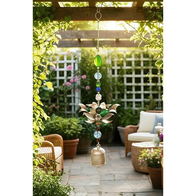 Glass Metal Bells and Windchimes Garden - 26" Gold/Green - 7" x 7" x 26" - Gold - 7" x 7" x 26"