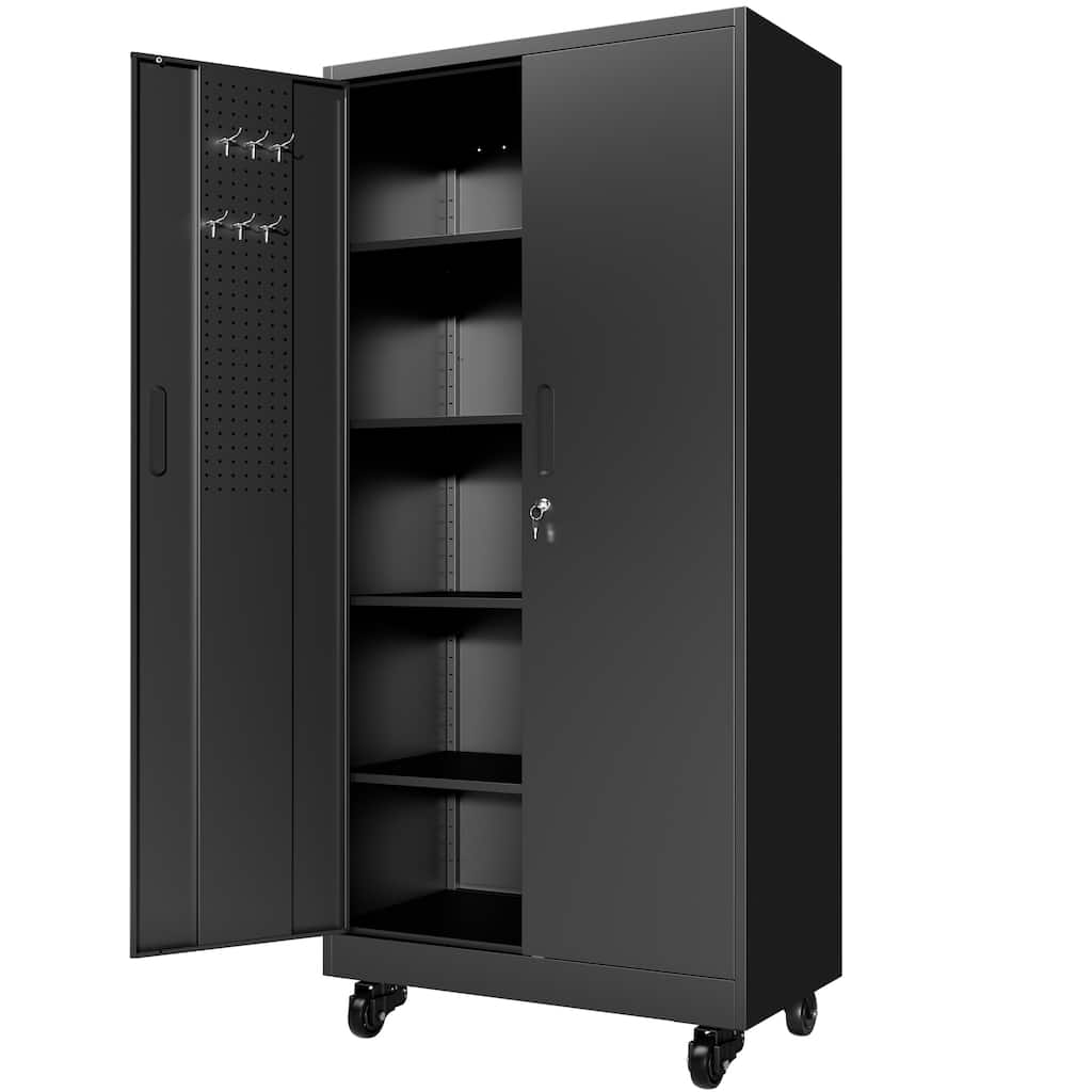 Metal Storage Cabinet with Doors and Wheels,71"H Cabinet with 4 Adjustable Shelves,Lockable Tool Cabinet with Pegboard & 8 Hooks
