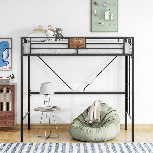 slide 2 of 7, Black Twin Size Metal Loft Bed Frame with Stairs & Full-Length Guardrail, Space-Saving Design Black