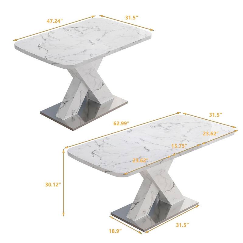 62.99" Faux Marble Rectangular Extendable Dining Table with X-Legs and Metal Base