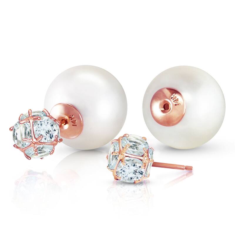 14K Solid Gold Tribal Double Shell Pearls And Aquamarines Earrings