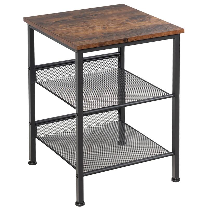 3-Tier Industrial End Side Table with 2 Adjustable Metal Shelves - Rustic Brown