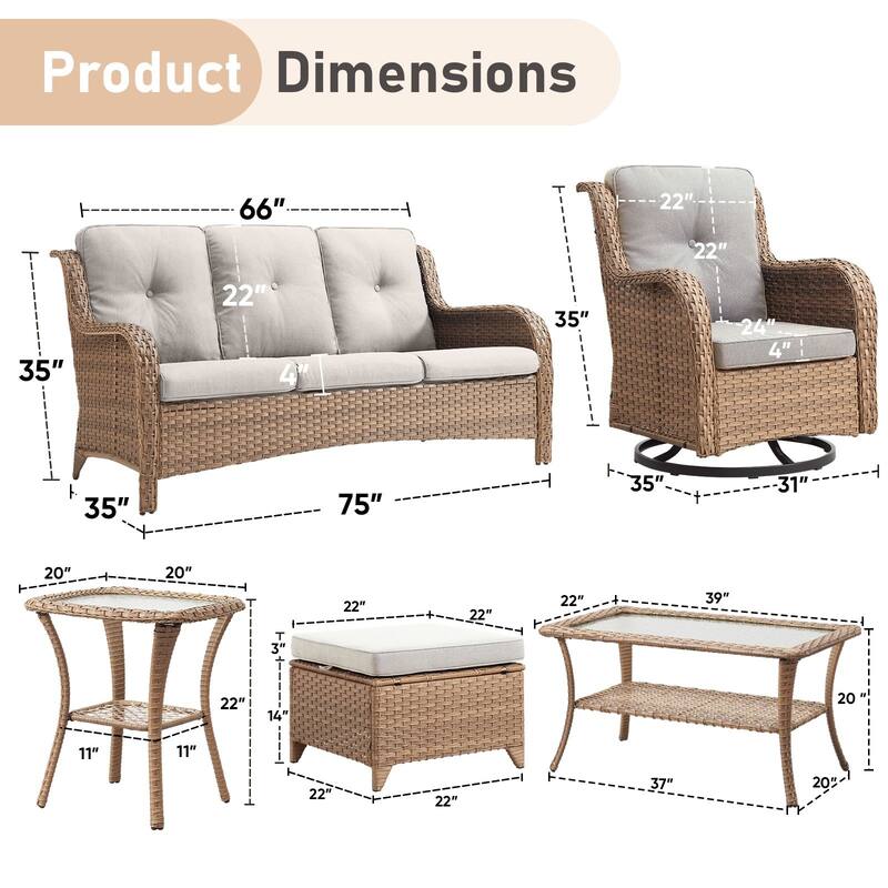 Pocassy Outdoor Sofa Swivel Chairs Table Ottoman 4 Inch Set