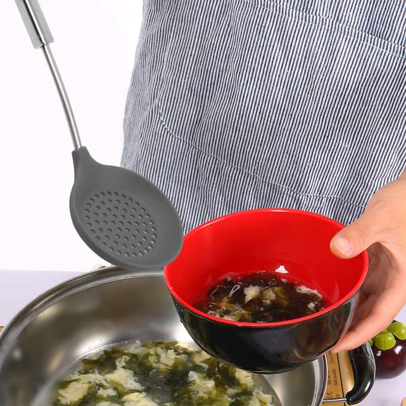Silicone Skimmer Slotted Spoon Kitchen Stainless Steel Handle Utensil Dark Gray - 14.4"