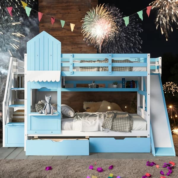 slide 2 of 66, Full Over Full Bunk Bed With 2 Drawers,3 Shelves and Slide,Sturdy Frame Blue
