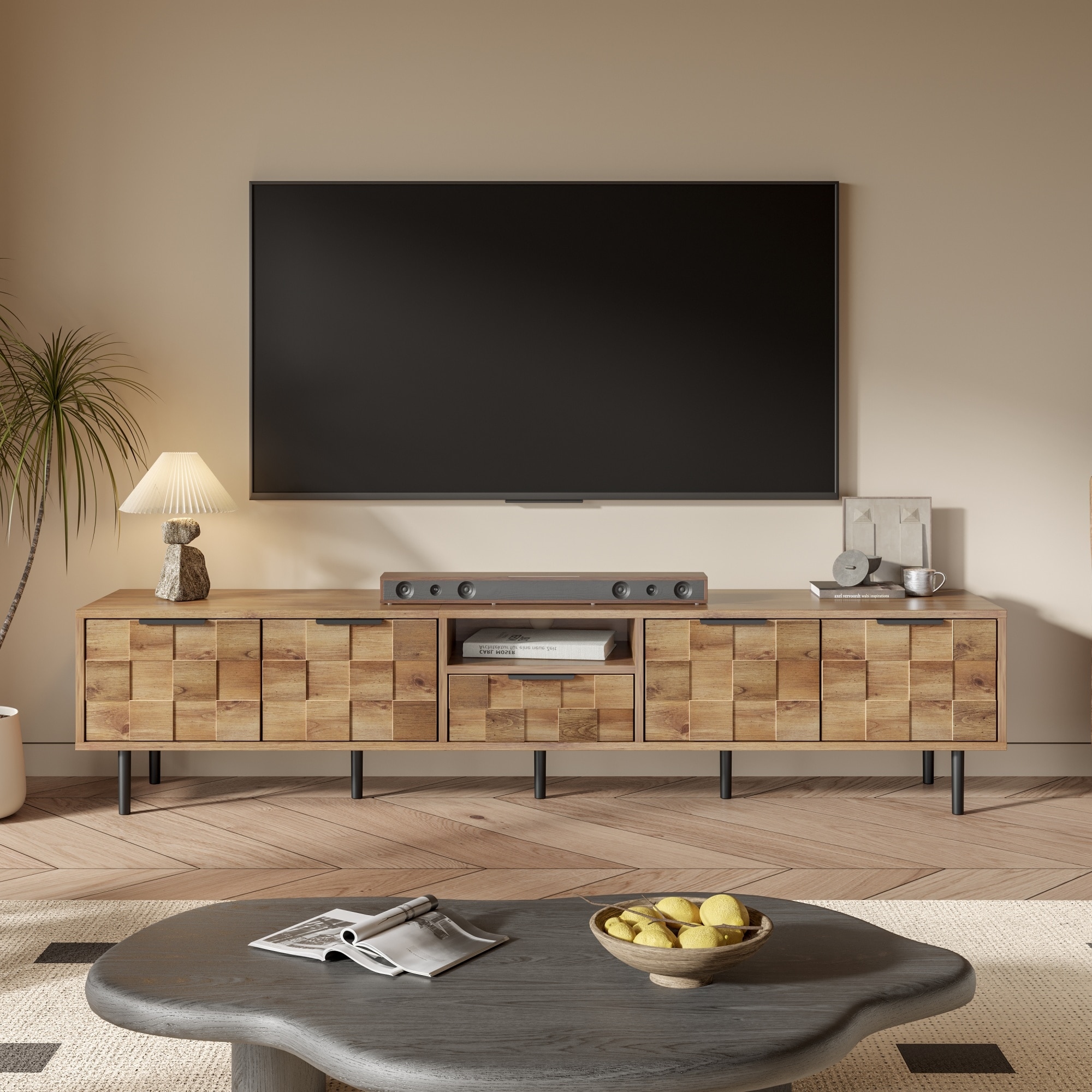Checkered Design TV Stand for Large TVs up to 85", Wooden TV Console Media Storage Cabinet for Living Room, Natural