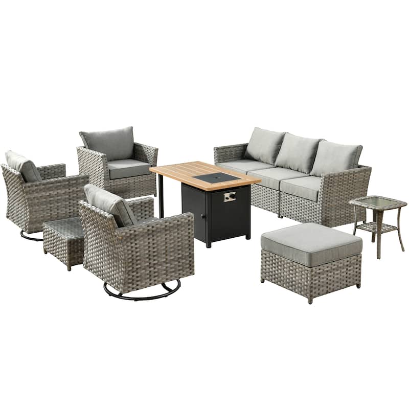 XIZZI 10-piece Outdoor Patio Furniture Rattan Wicker Conversation Sofa Set with Fire Pit