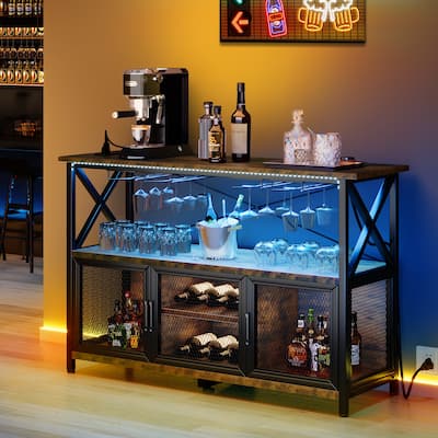 Liquor Bar Cabinet with LED Light Removable Wine Rack
