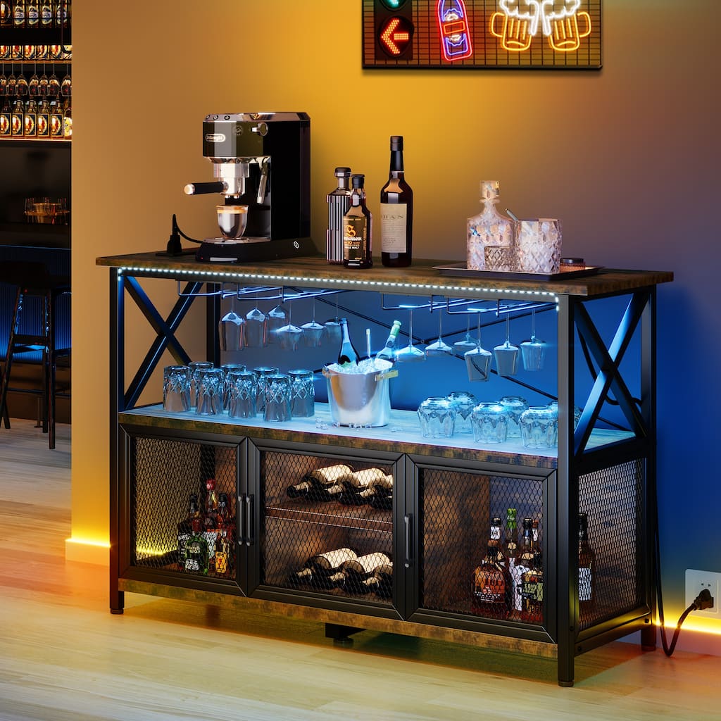 Liquor Bar Cabinet with LED Light Removable Wine Rack
