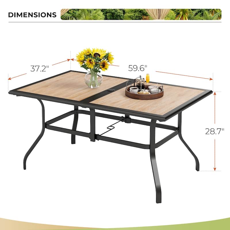 MAISON ARTS Wood-look PVC Patio Dining Table Steel Large Rectangular Table with Umbrella Hole