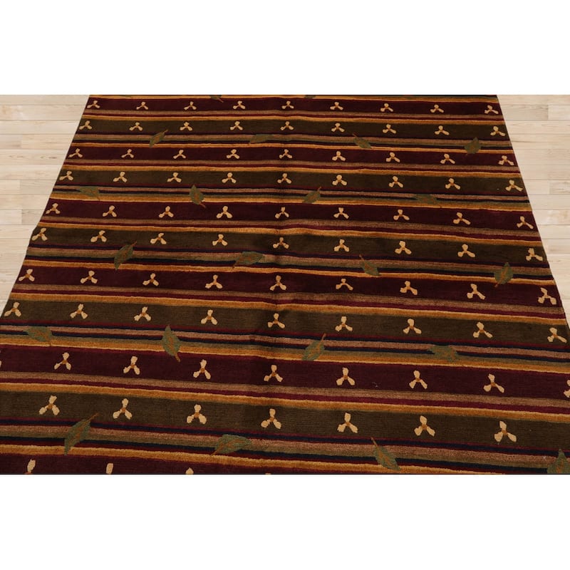 Hand Knotted Tibetan Green, Rust Striped Wool Transitional Area Rug - 6' x 9' 1''