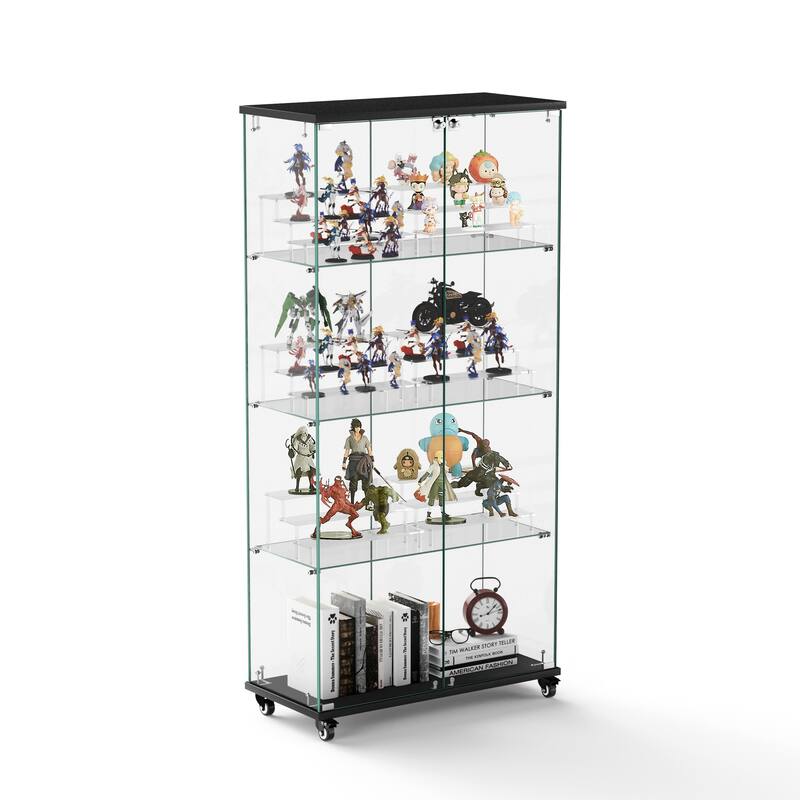 4 Tier Glass Display Cabinet, Double Door Glass Cabinet with Two Locks, Floor Standing Storage Cabinet with 6 Acrylic Shelves