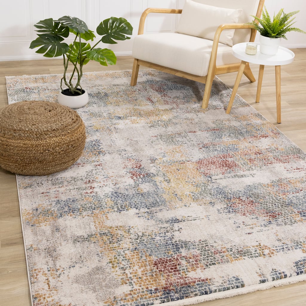 Alpine Rug Co. Olivia Cream Yellow Red Distressed Abstract Plush Area Rug