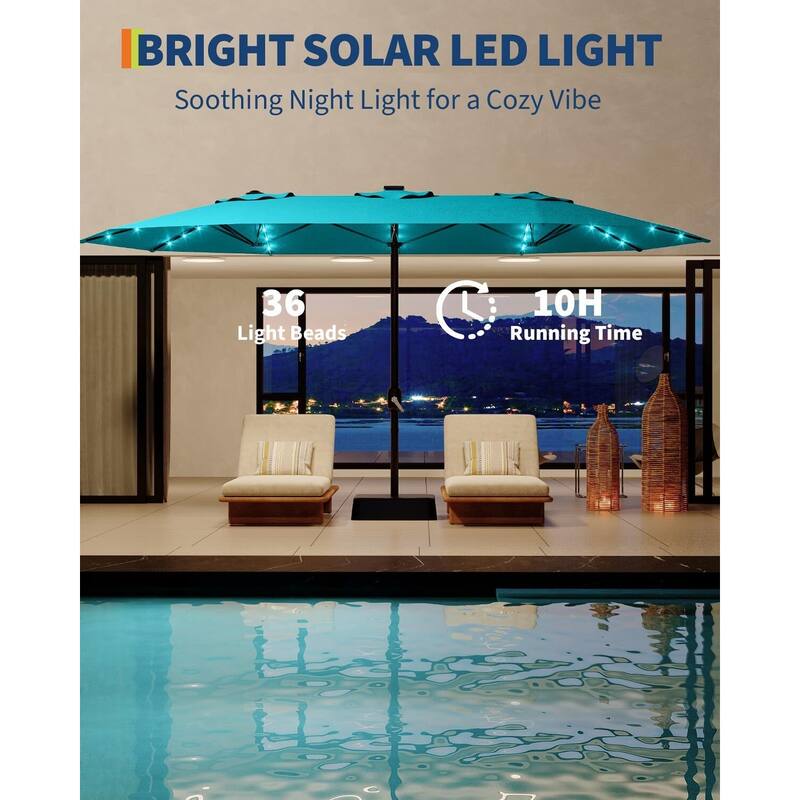 Coromose 15FT Large Patio Umbrella, with Solar Lights, for Deck Poolside Backyard - Misty Blue