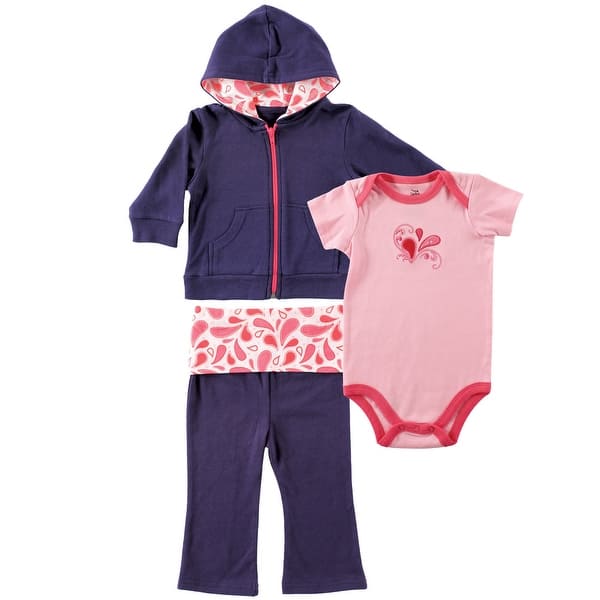 slide 1 of 1, Yoga Sprout Baby and Toddler Girl Cotton Hoodie, Bodysuit or Tee Top, and Pant, Paisley Baby 0-3 Months - Paisley Baby