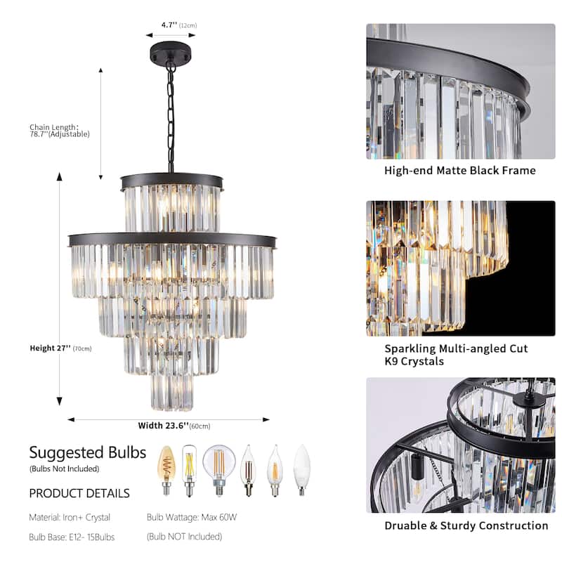24" 15-Light Black Crystal Chandelier - 5 Tier - Living Dining Entryway(Bulb Not Included)