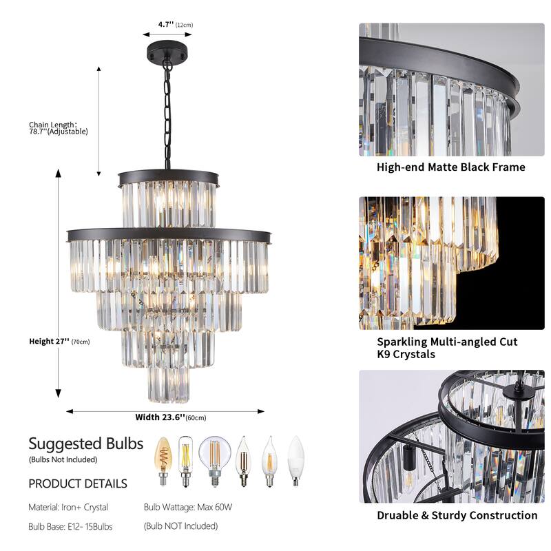 24" Luxury Crystal Chandelier with Black Finish - Elegant 15-Light 5 Tier Pendant Light Fixture for Living Room, Dining Room