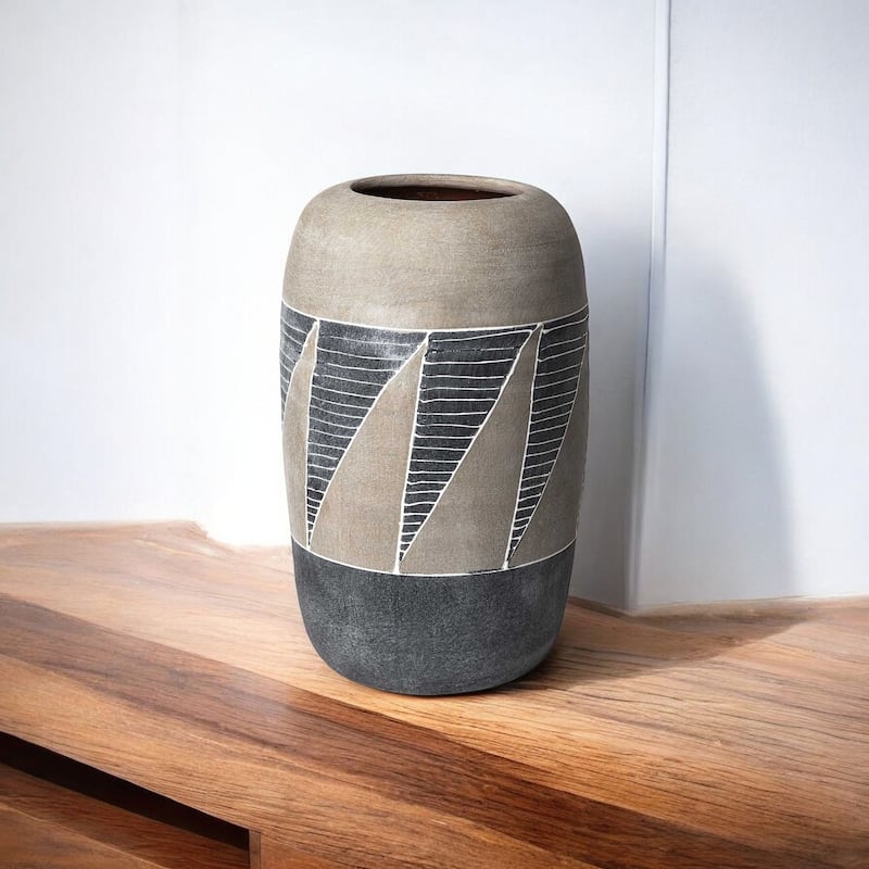 HomeRoots 15" Brown And Gray Geometric Cylinder Ceramic Table Vase - 9.3