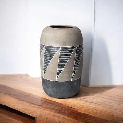 HomeRoots 15" Brown And Gray Geometric Cylinder Ceramic Table Vase - 9.3
