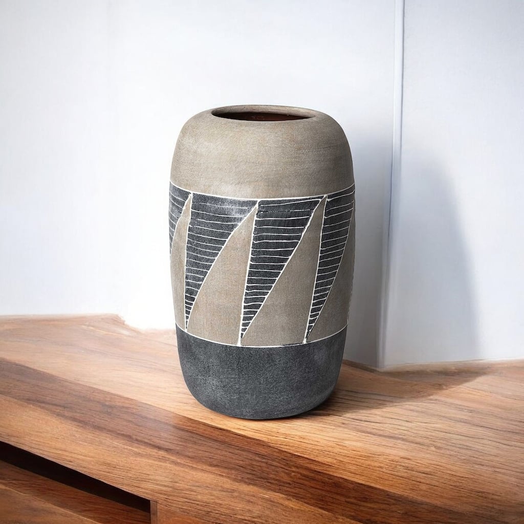 HomeRoots 15" Brown And Gray Geometric Cylinder Ceramic Table Vase - 9.3