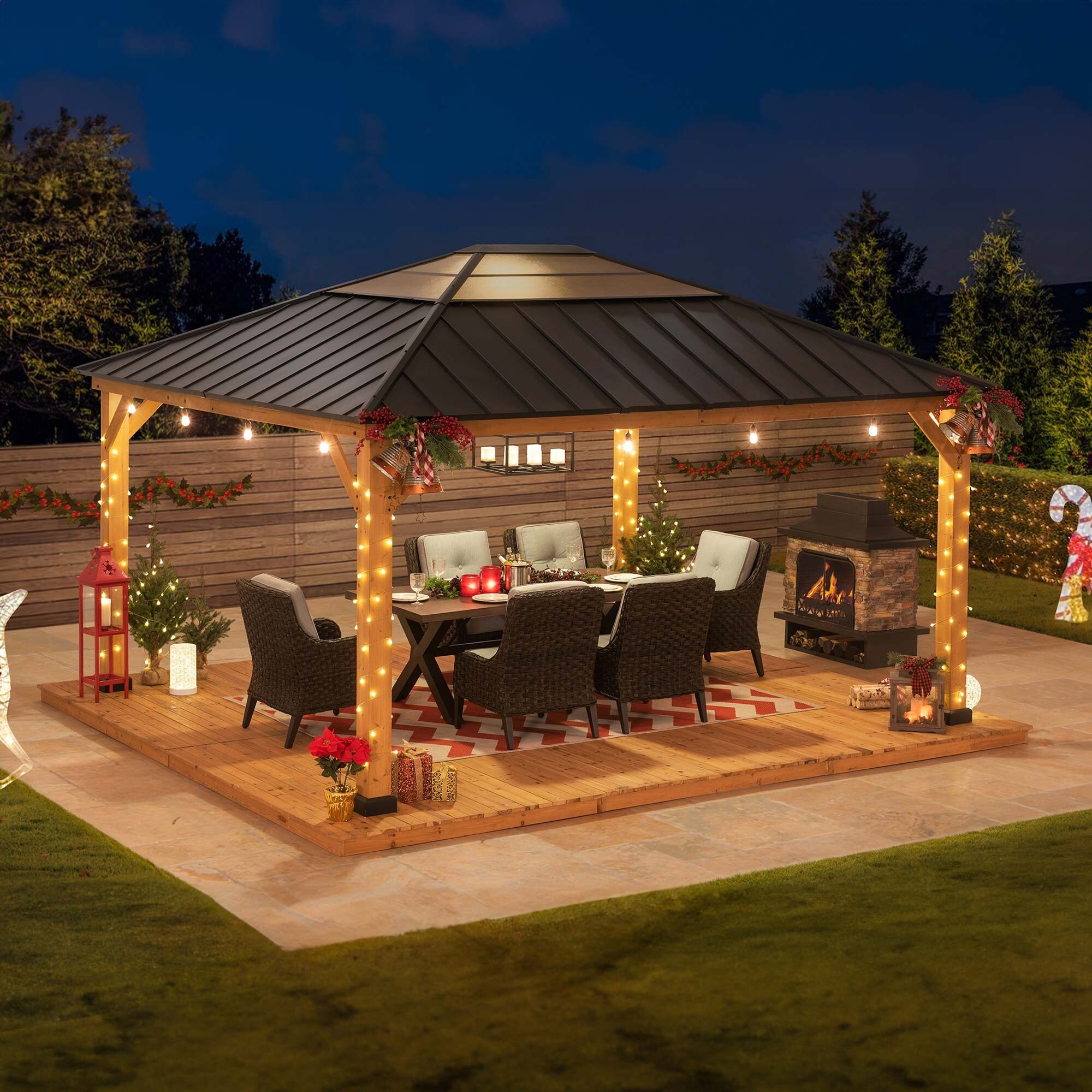 Sunjoy Cedar Framed Gazebo with Black Steel and PC Hip Roof