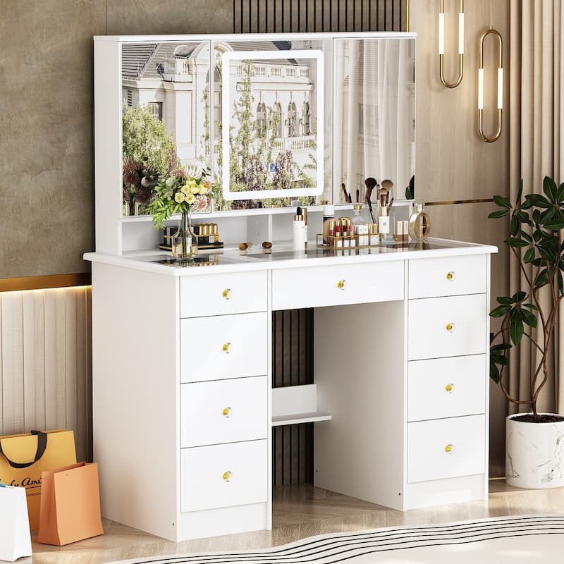 White Large Vanity Desk with Mirror & 3 colors LED Lights & 9 Drawers - 53.9"H