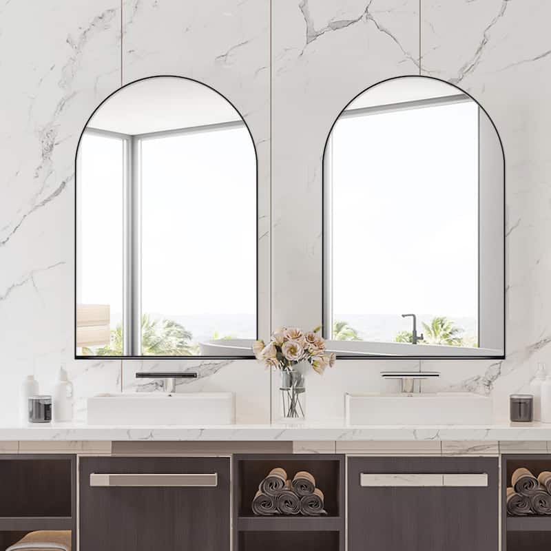 24x36 Inch Arched Recessed Medicine Cabinet, Metal Framed Bathroom Wall Storage Cabinet with Mirror and Adjustable Shelves