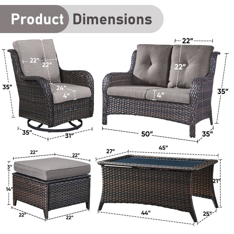 Pocassy Outdoor 6 Pieces 2-Seat Sofa Swivel Chairs Table Ottoman