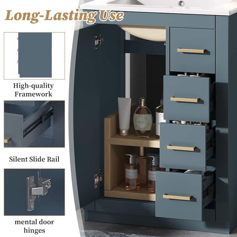 24-Inch Bathroom Vanity with Sink, Modern Solid Wood and MDF Cabinet with 1 Door and 3 Drawers for Small Bathroom