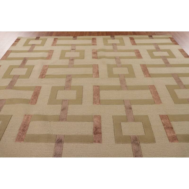 Geometric Beige Nepalese Oriental Area Rug Hand-Knotted Wool Carpet - 9'1" x 12'1"